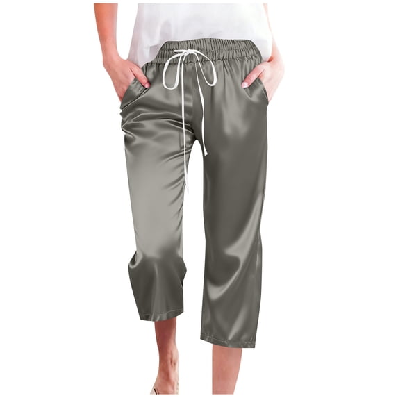 Satin Capri Pants Women Summer Lightweight Soft Silky Capris with Pockets Elastic Waist Drawstring Sweatpant (XL, Gray)