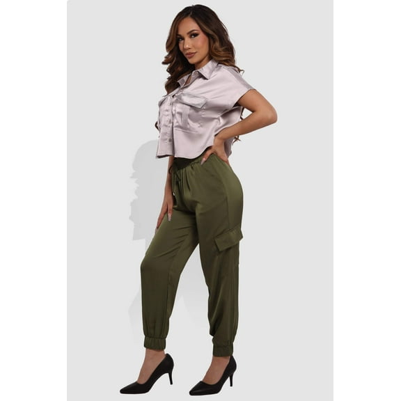Satin Cargo Joggers With Self Waist Tie - Olive