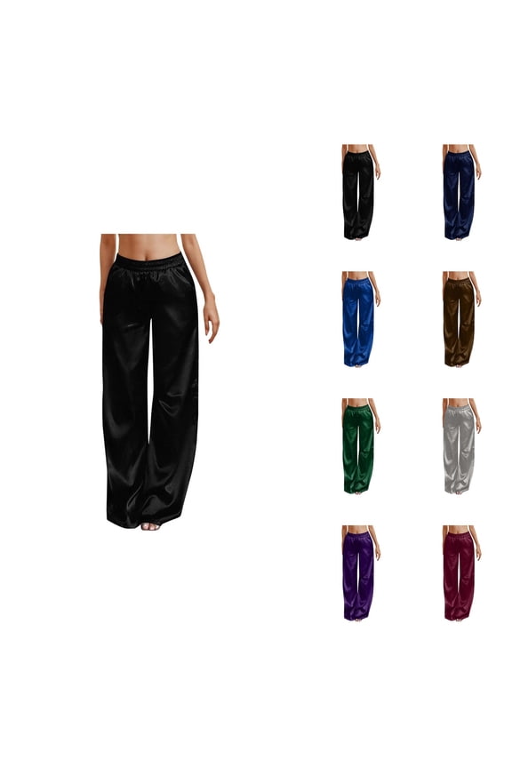Satin Casual Pants, Elastic Waist Wide Leg Trousers with Pockets, Comfortable Flowy Bottoms for Women, Dressy Casual Plus Size Silk Loungewear