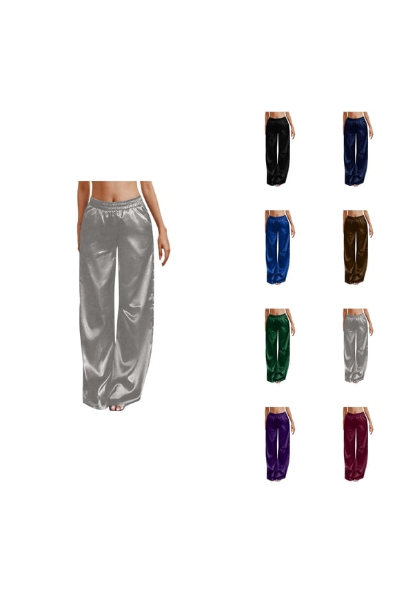 Satin Casual Pants, Elastic Waist Wide Leg Trousers with Pockets, Comfortable Flowy Bottoms for Women, Dressy Casual Plus Size Silk Loungewear