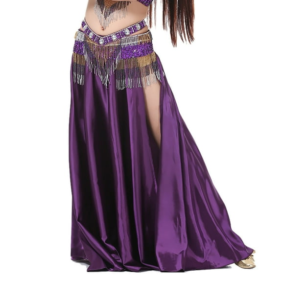 Satin Circle Slits Belly Dance Skirt for Adults Competition Class Lessons Stage Dark Purple