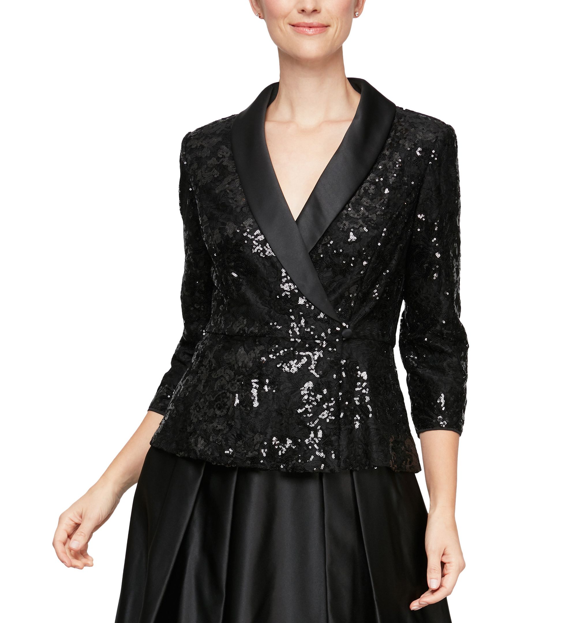 Satin Collar Sequin Top Black S