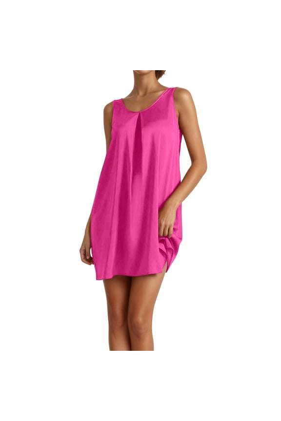 Satin Collar Sleeveless Summer Casual Dress For Home Wear Nightgown Dress Sleeveless Cropped V-Neck Top, Breathable&Comfortable,Hot Pink,S