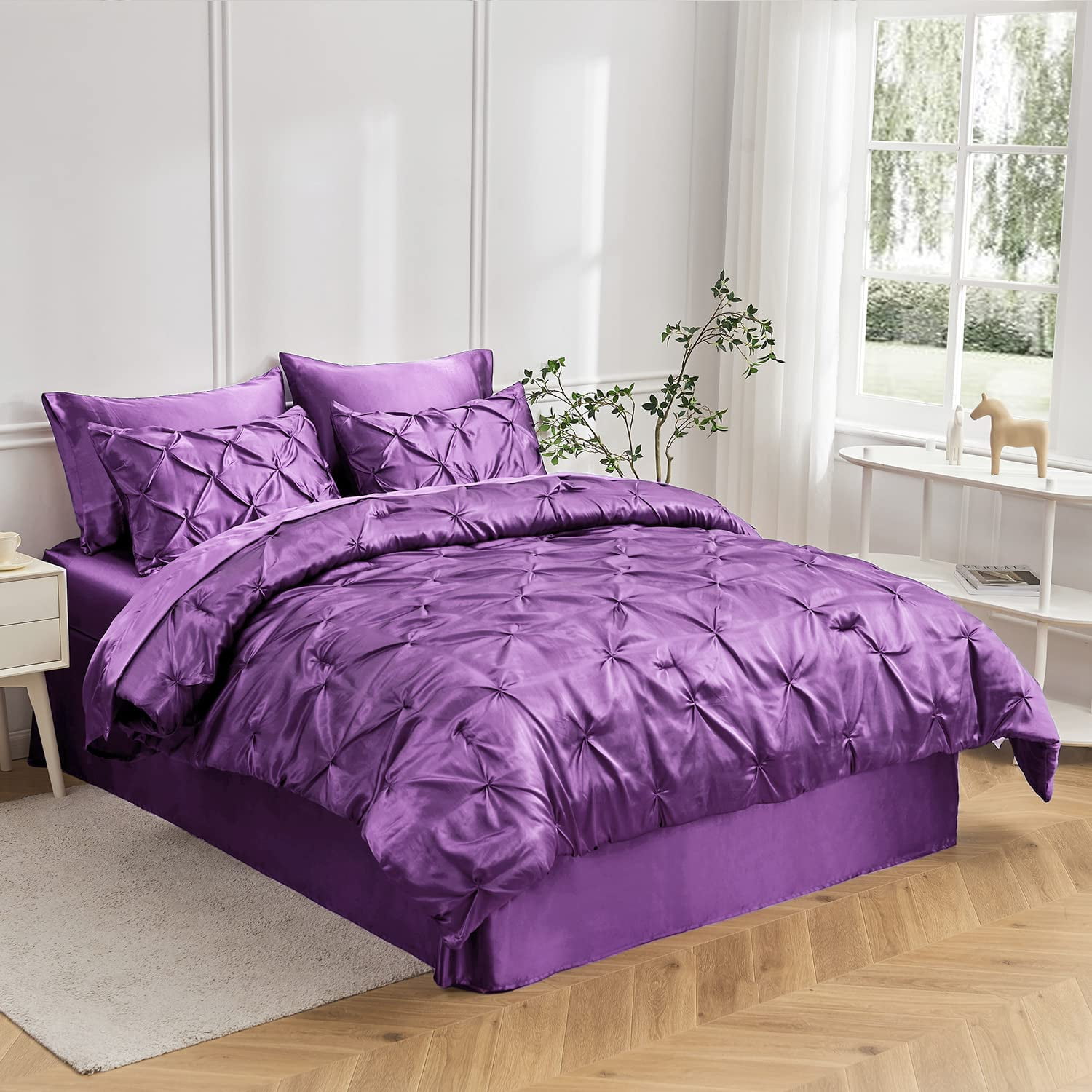 Satin Comforter Queen 8 Pieces Luxurious Pinch Pleat Bedding Set with Comforter, Sheets, Bed