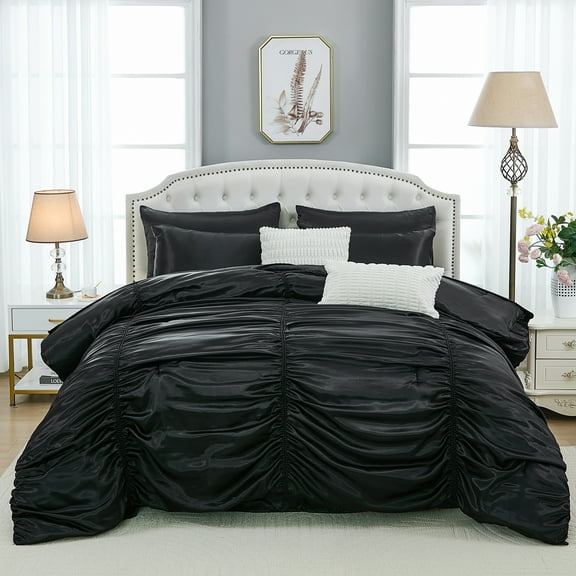Satin Comforter Set 9 Pcs King Size Ruched Bedding Set Pintuck Pinch Pleat Silky Bedding Comforter Luxury Black Bed in A Bag with Comforter, Sheeet Set, Pillowcases & Cushion Cover