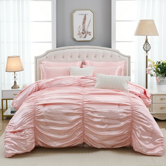 Satin Comforter Set 9 Pcs King Size Ruched Bedding Set Pintuck Pinch Pleat Silky Bedding Comforter Luxury Black Bed in A Bag with Comforter, Sheeet Set, Pillowcases & Cushion Cover