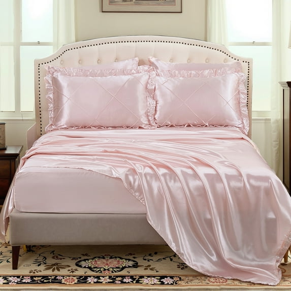 Satin Comforter Set King Beige Sheet Set Silk Like Bedding Set Silky Bed in a Bag 8 Pcs Pinch Pleat Bed Set Home Decor Luxury Hotel Silky Ruffle Comforters with 1 Cushion Cover