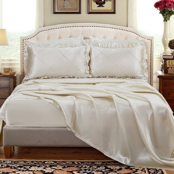 Satin Comforter Set King Beige Sheet Set Silk Like Bedding Set Silky Bed in a Bag 8 Pcs Pinch Pleat Bed Set Home Decor Luxury Hotel Silky Ruffle Comforters with 1 Cushion Cover