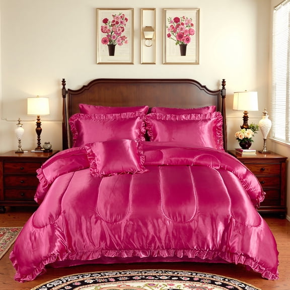 Satin Comforter Set King Silk Like Pink Bedding Set Luxury Hotel Silky Ruffle Bed Home Deocr Sexy Silky Down Comforter Light Pink Bed Set 8 Pcs