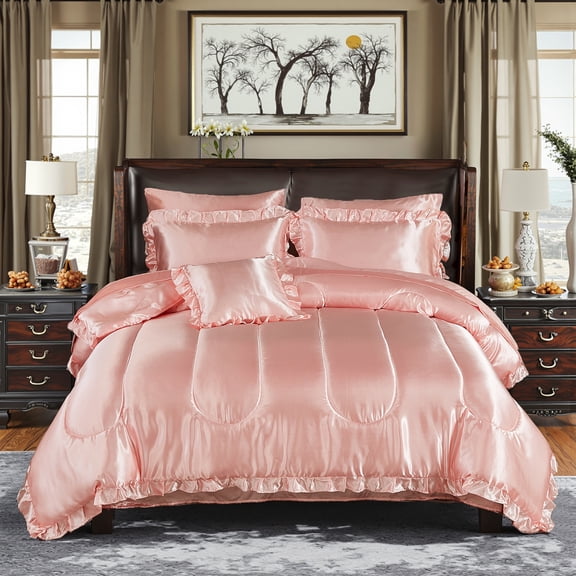 Satin Comforter Set King Silk Like Pink Bedding Set Luxury Hotel Silky Ruffle Bed Home Deocr Sexy Silky Down Comforter Light Pink Bed Set 8 Pcs