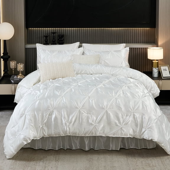 White Satin Comforter Set King Size with Sheet Set,10 Pcs Wrinkled Satin Bedding,Pinch Pleat Satin Bed Set,King Bed in a Bag,Silk Like Satin Bed Sheets,Silky Luxury Comforter Satin Bedding Set