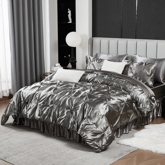 Grey Satin Comforter Set Queen Size with Sheet Set,10 Pcs Gray Satin Bed Set Wrinkled Satin Bedding,Queen Bed in a Bag,Silk Like Satin Bed Sheets,Silky Luxury Comforter Satin Bedding Set
