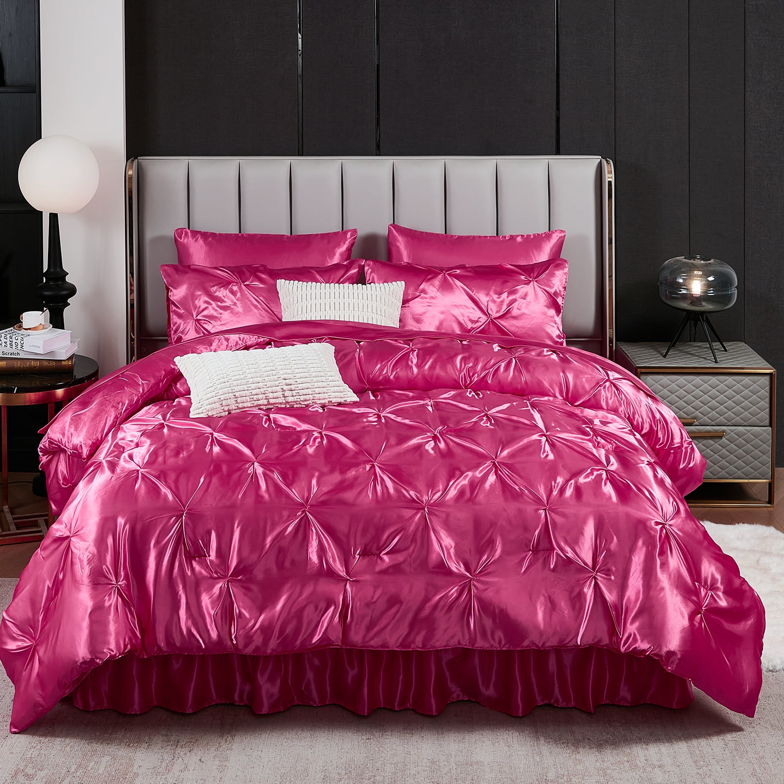 Satin Comforter Set Queen Size Sheet Set 8 10 Pcs Wrinkled Satin Bedding Pinch Pleat Satin Bed Set Queen Bed Bag Silk Like Satin Bed Sheets Silky Lux