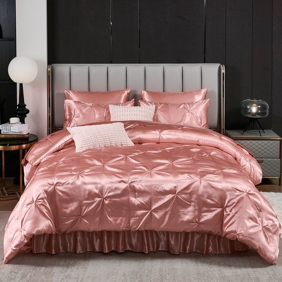 Satin Comforter Set Queen Size with Sheet Set,8-10 Pcs Wrinkled Satin Bedding,Pinch Pleat Satin Bed Set,Queen Bed in a Bag,Silk Like Satin Bed Sheets,Silky Luxury Comforter Satin Bedding Set