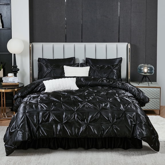 Black Satin Comforter Set Twin Size with Sheet Set,8 Pcs Wrinkled Satin Bedding,Pinch Pleat Satin Bed Set,Twin Bed in a Bag,Silk Like Satin Bed Sheets,Silky Luxury Comforter Black Satin Bedding Set