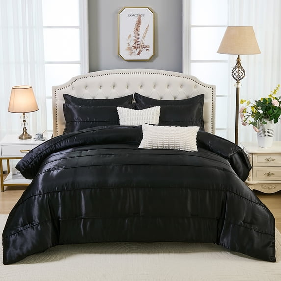 Satin Comforter Set Silk Like Silky Bedding Set 9 Pcs Pinch Pleat Design Satin King Bed in A Bag Pintuck Luxury Bedding Comforter with Sheet Set