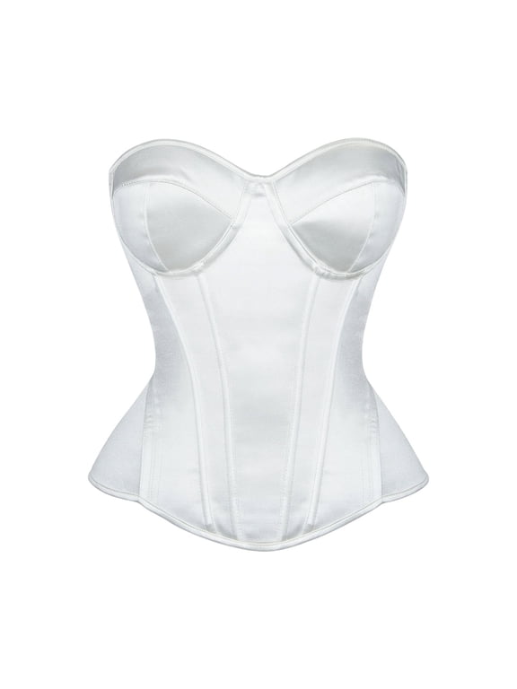 Satin Corset Tops for Women Strapless Bustier Sweetheart Neckline Boned Bodice Bridal Party Clubwear, White Size M