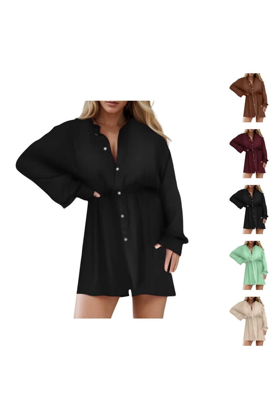 Satin Covered Nights Romper Dress for Women Long Sleeve Button Down Collared Empire Waist Shirt Dress