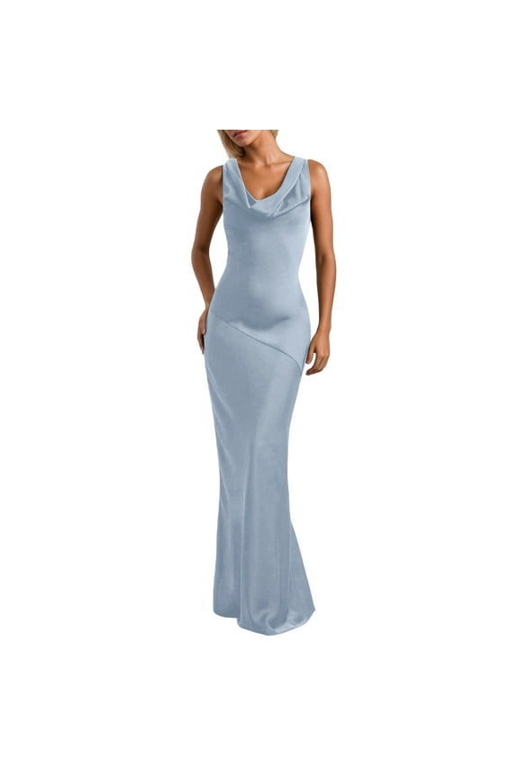 Satin Cowl Neck Sleeveless Backless Maxi Wedding Guest Dress Silk Open Back Tie Back Prom Formal Dresses For Women