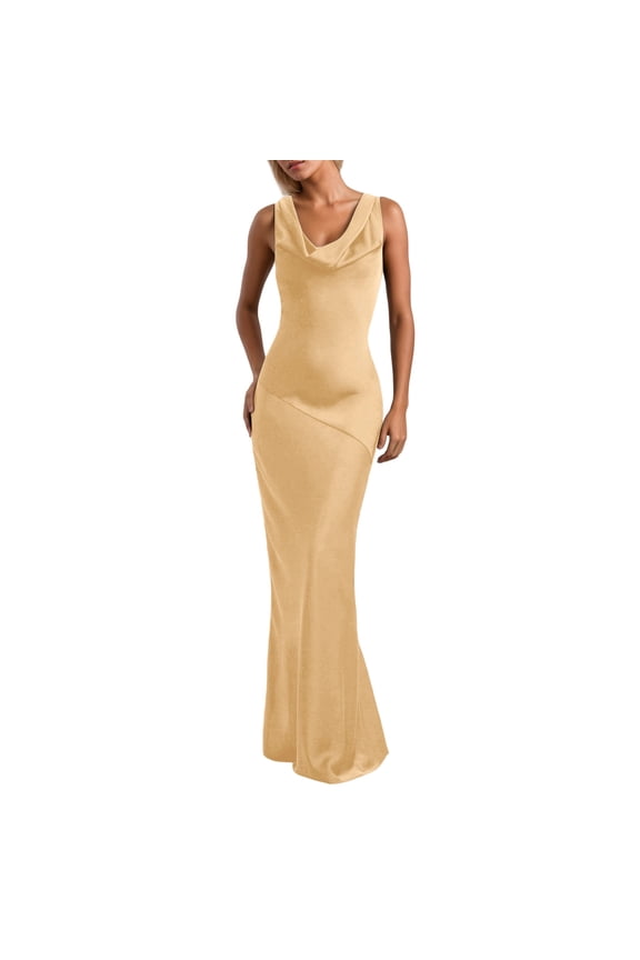 Satin Cowl Neck Sleeveless Backless Maxi Wedding Guest Dress Silk Open Back Tie Back Prom Formal Dresses For Women