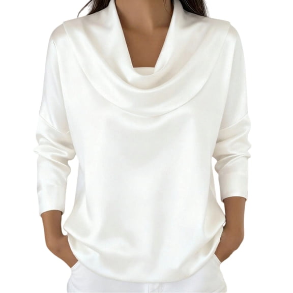 Satin Cowl Neck Top, Yigetop Long Sleeve Shirts for Women Mock Neck Tops Pleated Front Blouses Casual Fall Clothes 2025 Fashion Work Tops for Women White, 2XL