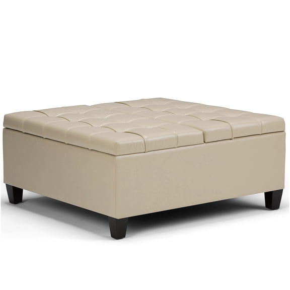 Satin Cream Ottoman Coffee Table with Storage, Faux Leather Square Foot Rest Stool for Living Room