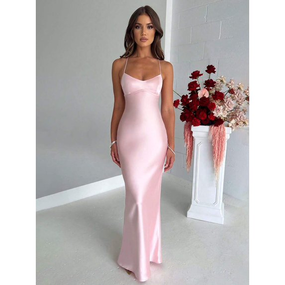 Satin Criss‑Cross Backless Tie‑Strap Fitted Cocktail Dress, Elegant Party Dress for Wedding, Spring and Fall Occasions