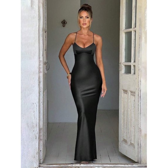 Satin Criss‑Cross Backless Tie‑Strap Fitted Cocktail Dress, Elegant Party Dress for Wedding, Spring and Fall Occasions