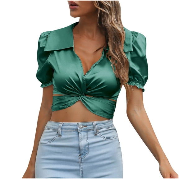 Satin Crop Tops for Women Lapel Short Sleeve Twist Front Cutout Blouses Back Tie Bow Knot Fashion Club Cocktail Shirts