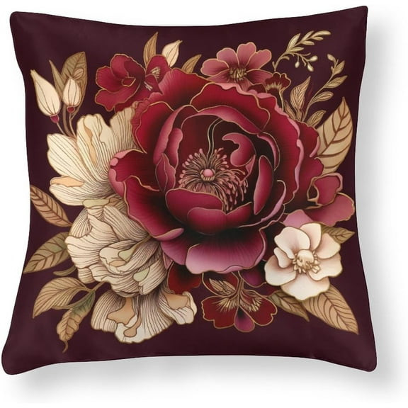 Satin Cushion Covers Elegant Burgundy Floral Decorative Soft And Luxurious Cushion Cover Elegant Velvet Floral Farmhouse Pillow Covers Pillows for Couch Sofa Patio Furniture Home Decor 16"x16"