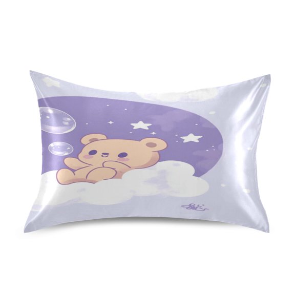 Satin Double-Sided Printed Pillowcase (Single) - Different Sizes ,Envelope Closure , Wrinkle-Resistant & Silky , All-Season Use,A Cute Bear