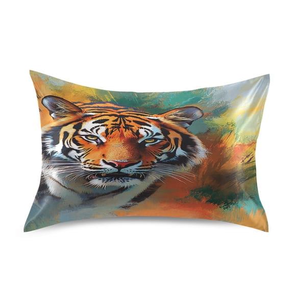 Satin Double-Sided Printed Pillowcase (Single) - Different Sizes ，Envelope Closure ， Wrinkle-Resistant & Silky ， All-Season Use，A Majestic Tiger