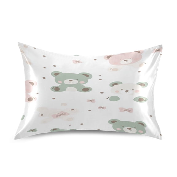 Satin Double-Sided Printed Pillowcase (Single) - Different Sizes ，Envelope Closure ， Wrinkle-Resistant & Silky ， All-Season Use，A Teddy Bear Pattern