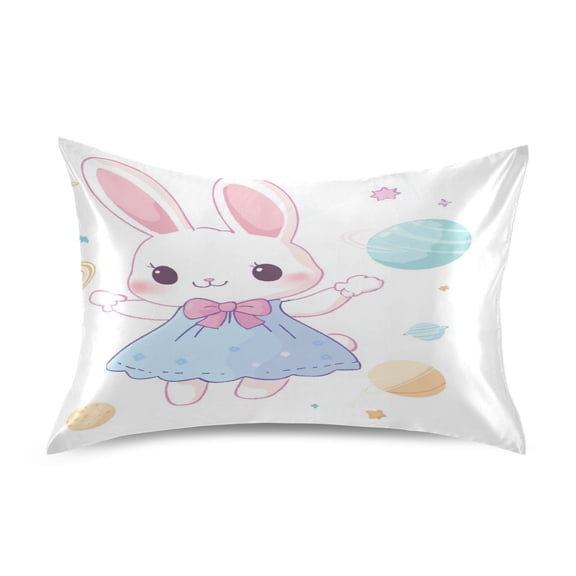Satin Double-Sided Printed Pillowcase (Single) - Different Sizes ,Envelope Closure , Wrinkle-Resistant & Silky , All-Season Use,Bunny