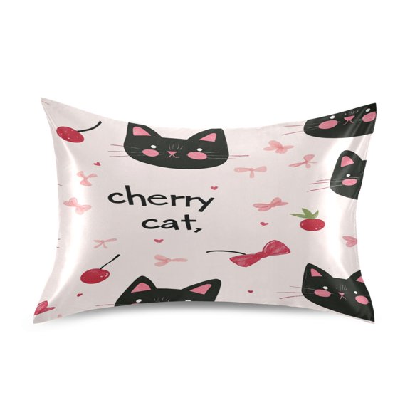 Satin Double-Sided Printed Pillowcase (Single) - Different Sizes ，Envelope Closure ， Wrinkle-Resistant & Silky ， All-Season Use，Cherry Cat