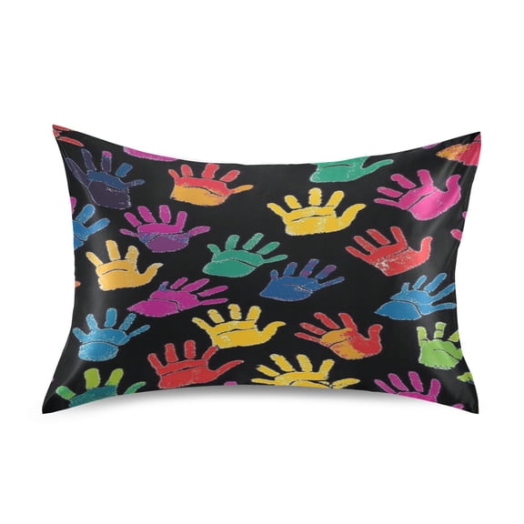 Satin Double-Sided Printed Pillowcase (Single) - Different Sizes ,Envelope Closure , Wrinkle-Resistant & Silky , All-Season Use,Colorful Handprints
