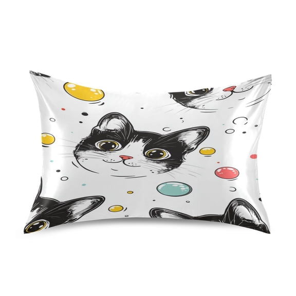 Satin Double-Sided Printed Pillowcase (Single) - Different Sizes ,Envelope Closure , Wrinkle-Resistant & Silky , All-Season Use,Cute Black and White Cat