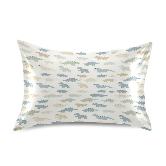 Satin Double-Sided Printed Pillowcase (Single) - Different Sizes ,Envelope Closure , Wrinkle-Resistant & Silky , All-Season Use,Cute Simple Dinosaurs