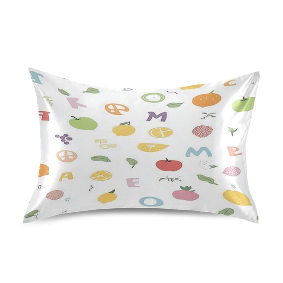 Satin Double-Sided Printed Pillowcase (Single) - Different Sizes ,Envelope Closure , Wrinkle-Resistant & Silky , All-Season Use,Fruits and Letters