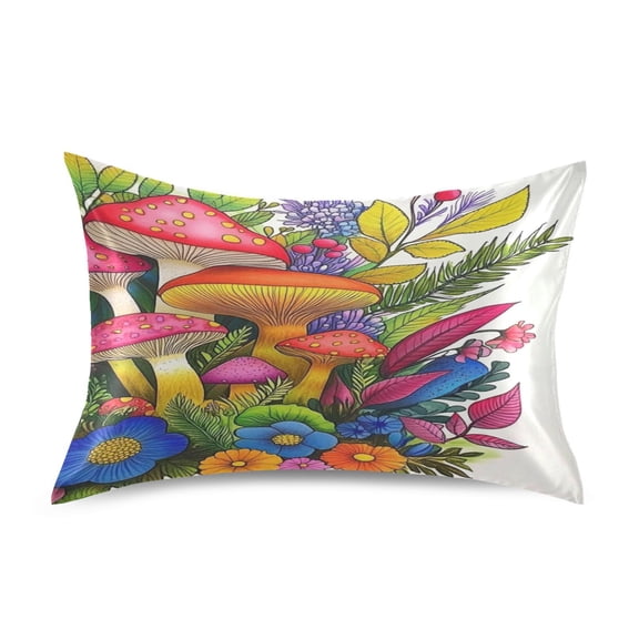Satin Double-Sided Printed Pillowcase (Single) - Different Sizes ,Envelope Closure , Wrinkle-Resistant & Silky , All-Season Use,Mushrooms