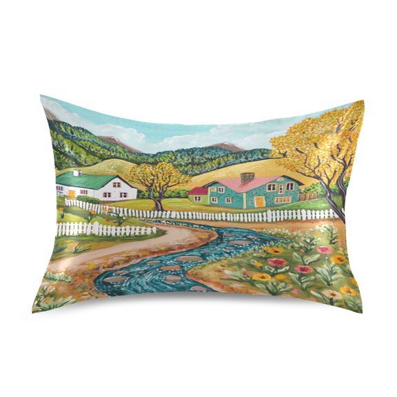 Satin Double-Sided Printed Pillowcase (Single) - Different Sizes ,Envelope Closure , Wrinkle-Resistant & Silky , All-Season Use,Village and Mountains
