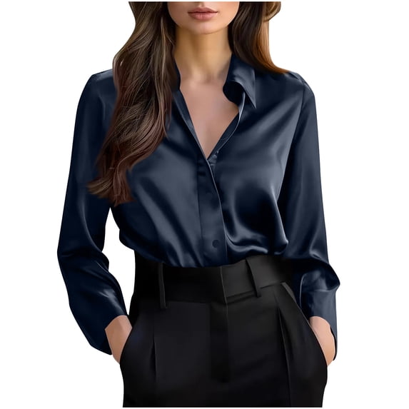 Satin Dress Shirts Womens Button Down Long Sleeve Lapel Collared Blouses Dressy Casual Business Work Office Tops (2XL, Navy)