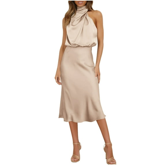 Satin Dress for Women 2025 Mock Neck Sleeveless Dresses Solid Elegant Formal Cocktail Evening Party Midi Dress