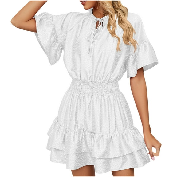 Satin Dress for Women's 2025 Summer Ruffle Mini Dresses Smocked Waist Short Sleeve Casual A Line Cute Dress
