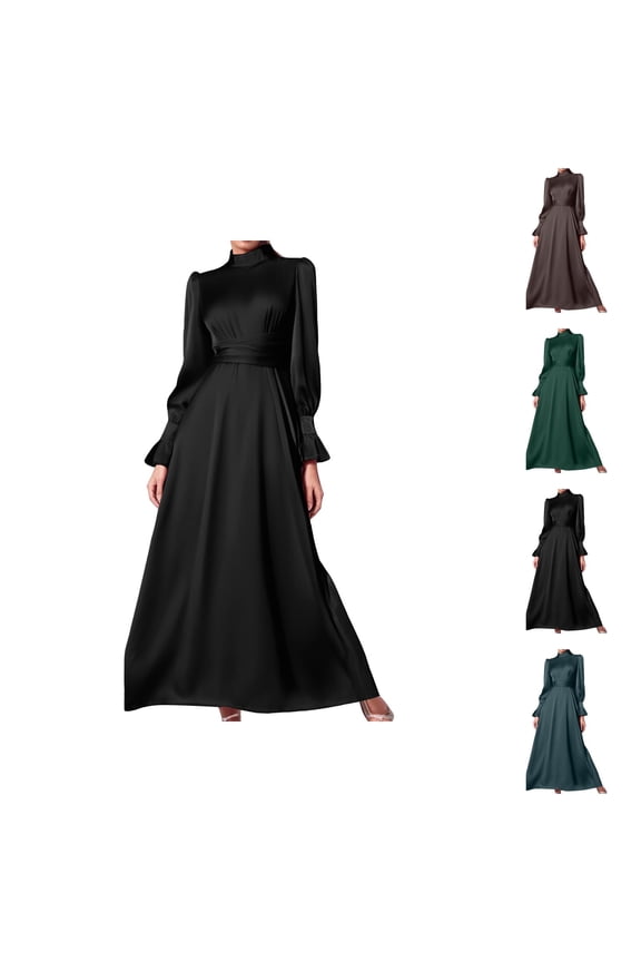 Satin Dresses for Women Long Puff Sleeve Neck Tie Waist Flowy Maxi Dress Evening Gown Prom Dress