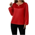 thumbnail image 1 of Satin Dressy Casual Tops for Women Cutout Crewneck Long Sleeve Elegant Blouse Shirt Lightweight Loose Fit (M, Red), 1 of 4