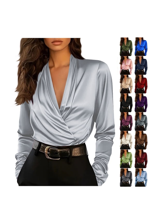 Satin Dressy Tops for Women with Pleats Wrapped Deep V Neck Long Sleeve Elegant Business Party Blouse Shirts (S, Silver)