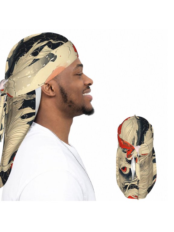 Satin Durag Long Tail Head Wrap, Silky Adjustable Hair Wrap Scarf, Asian Dragon Vintage Art Print
