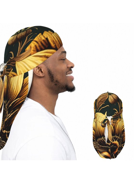 Satin Durag Long Tail Head Wrap, Silky Adjustable Hair Wrap Scarf, Bee Sunflower Vintage Art Print