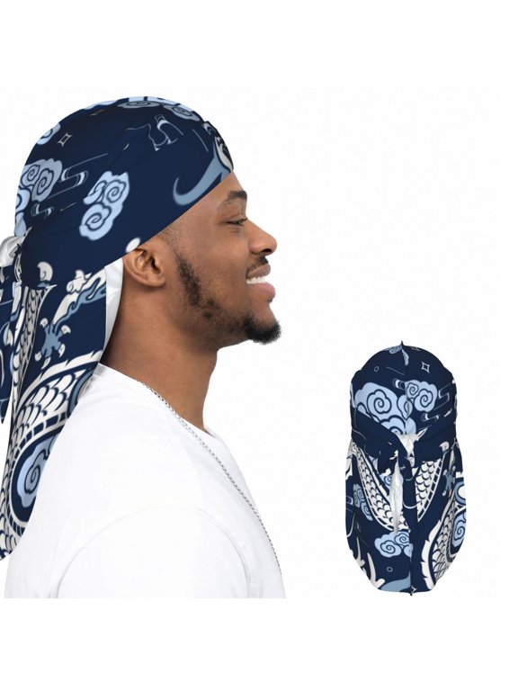 Satin Durag Long Tail Head Wrap, Silky Adjustable Hair Wrap Scarf, Chinese Dragon Asian Oriental Print